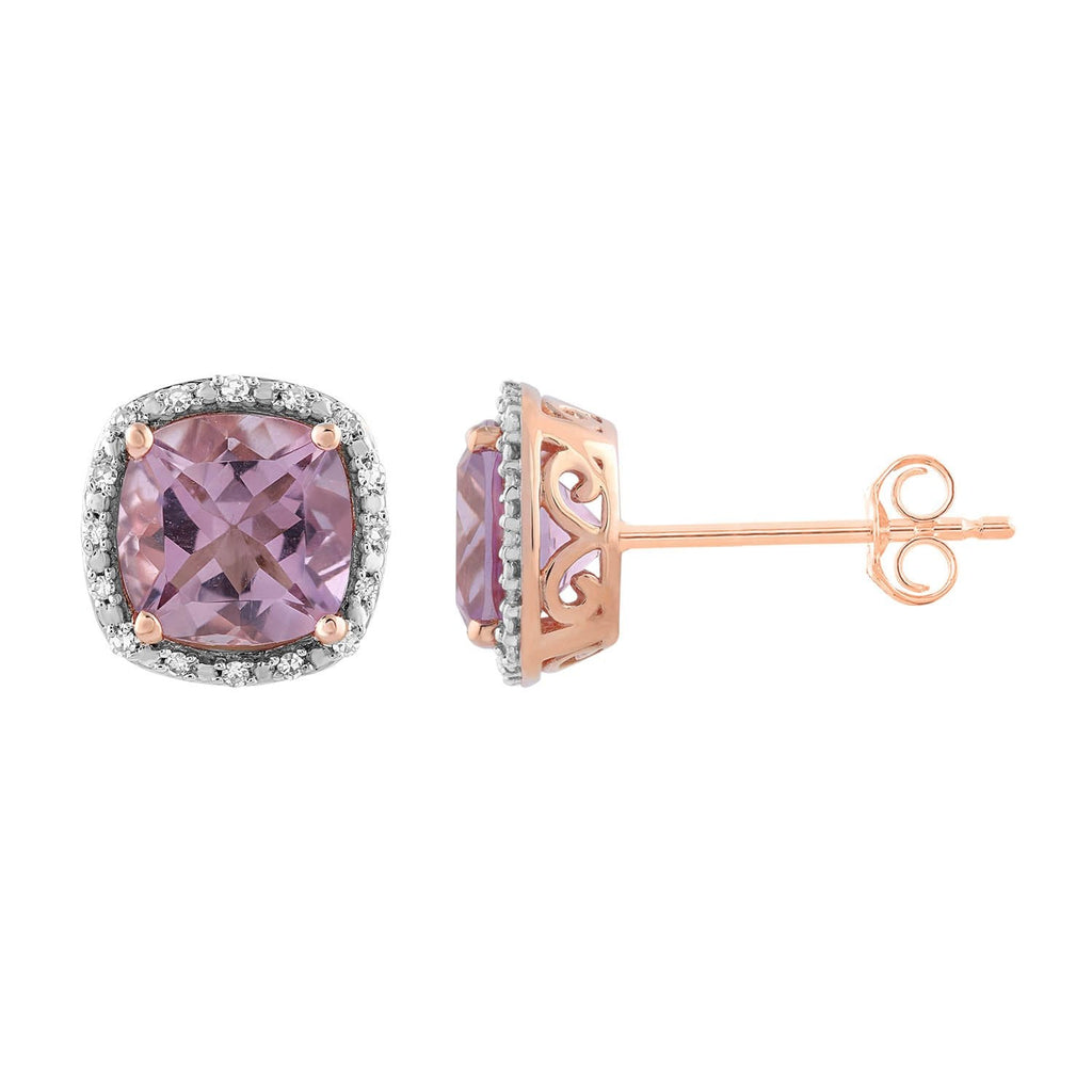 Pink Amethyst Earrings with 0.10ct Diamonds in 9K Rose Gold Earrings Boutique Diamond Jewellery   