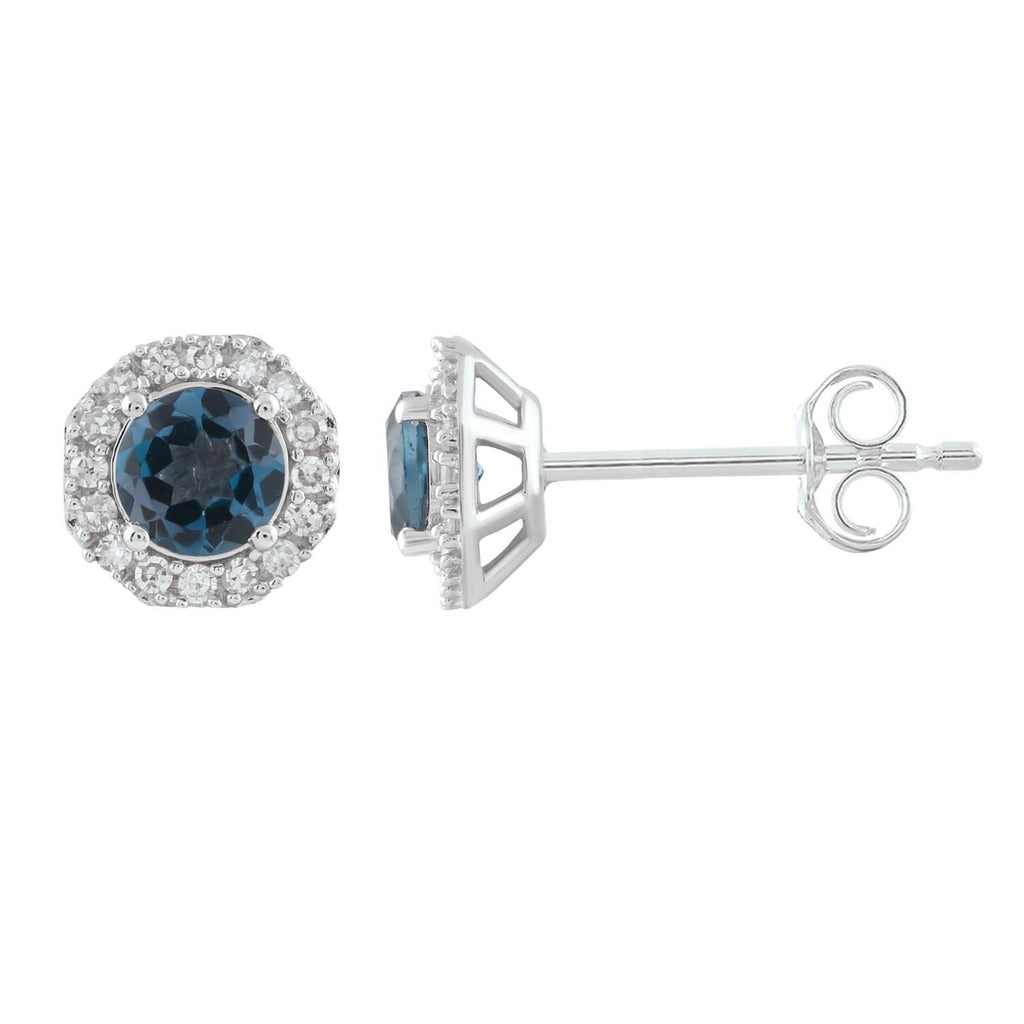 London Blue Topaz Earrings with 0.20ct Diamonds in 9K White Gold Earrings Boutique Diamond Jewellery   