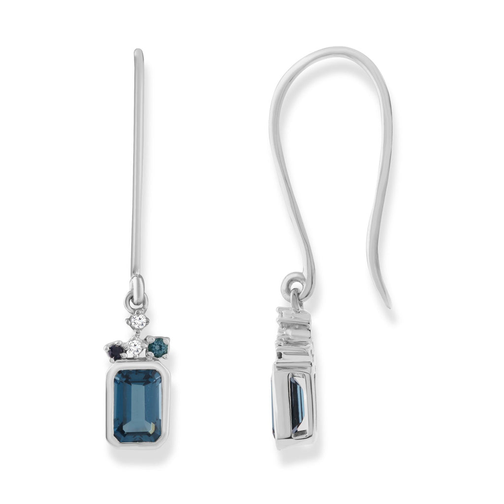 Diamond and Blue Topaz Hook Earrings with 0.05ct Diamonds in 9K White Gold Earrings Boutique Diamond Jewellery   