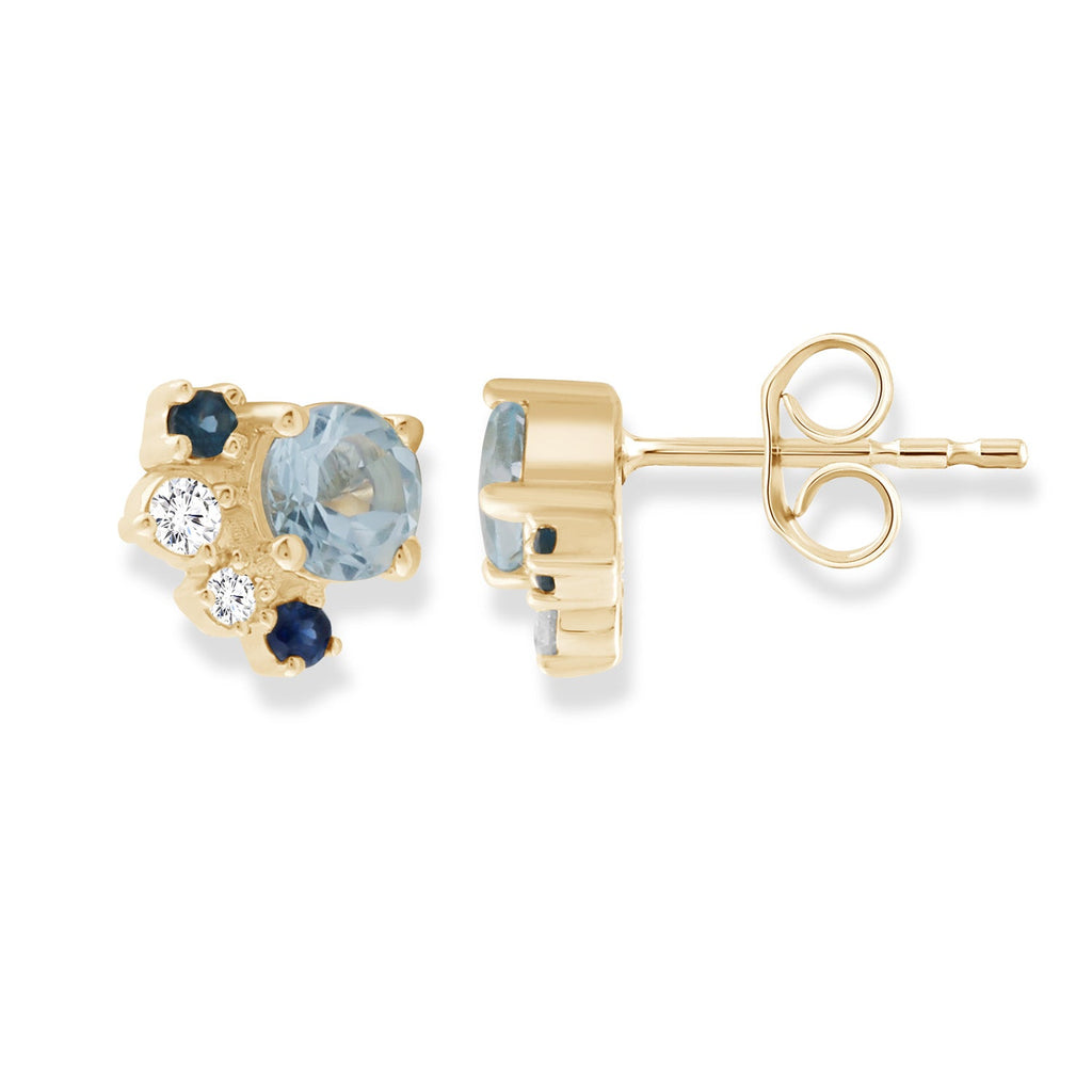 Diamond and Aquamarine Stud Earrings with 0.08ct Diamonds in 9K Yellow Gold Earrings Boutique Diamond Jewellery   