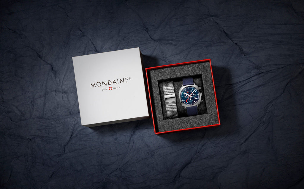 Mondaine Official Swiss Railways Grand Cushion 41mm Deep Ocean Blue Watch Set Watches Mondaine   
