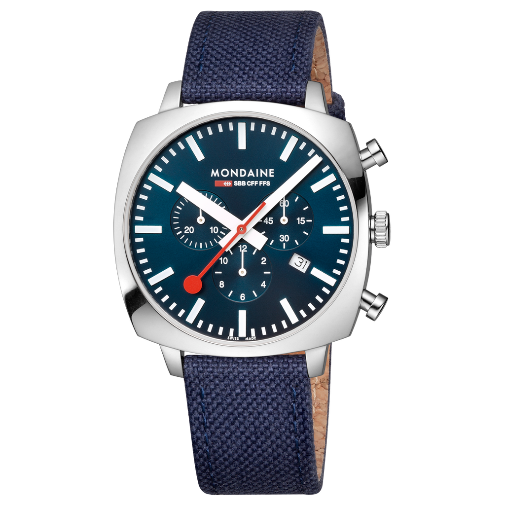 Mondaine Official Swiss Railways Grand Cushion 41mm Deep Ocean Blue Watch Set Watches Mondaine 41mm Blue Textile with cork lining