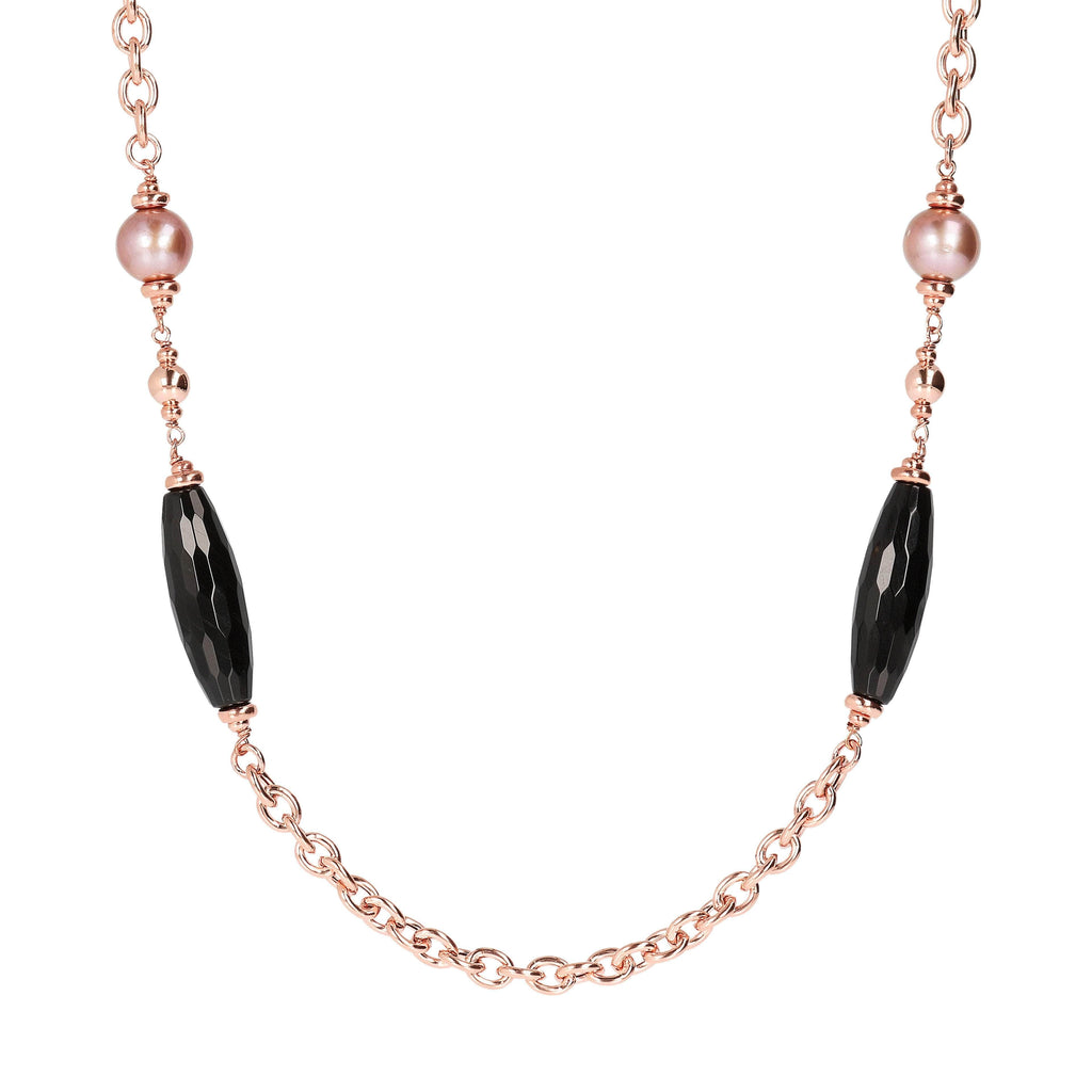 Bronzallure Black Onyx and Rose Ming Pearl Chanel Necklace Necklace Bronzallure   