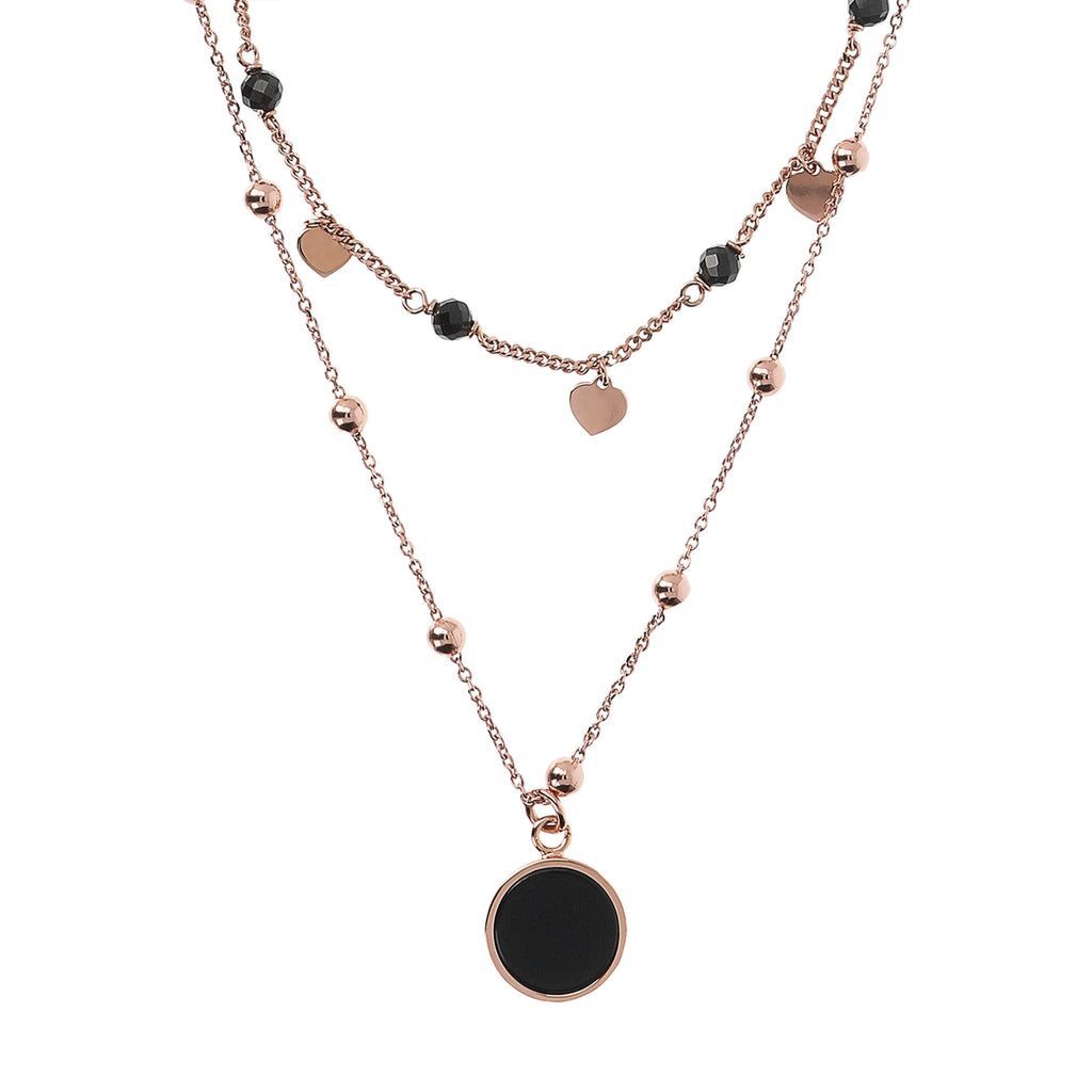 Bronzallure Two Strands Necklace with Natural Stone and Golden Rose Hearts Necklace Bronzallure Black Onyx  