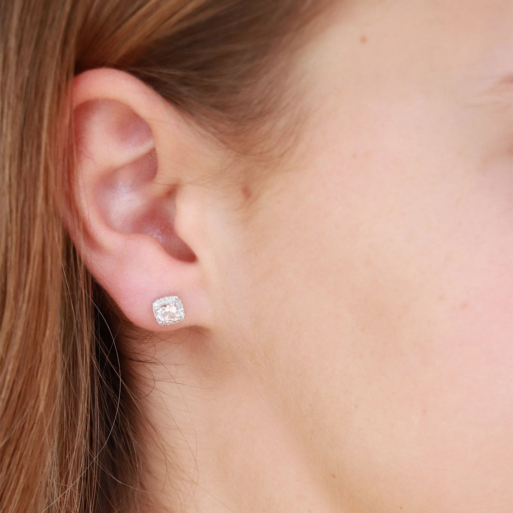 Morganite Stud Earrings with 0.09ct Diamonds in 9K White Gold Earrings Boutique Diamond Jewellery   