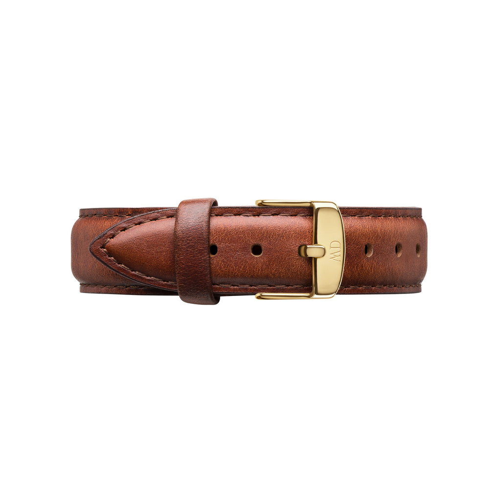 Brown leather watch band with gold buckle