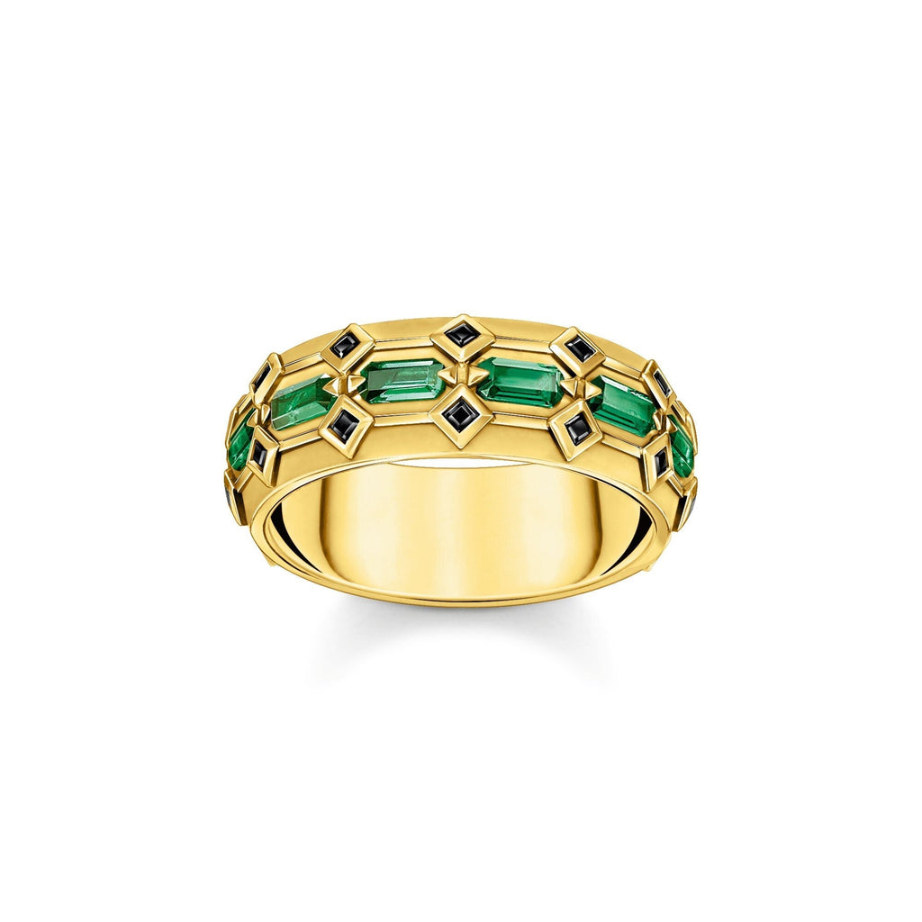 THOMAS SABO Wide Gold Plated Crocodile Ring with Green Stones Ring Thomas Sabo   