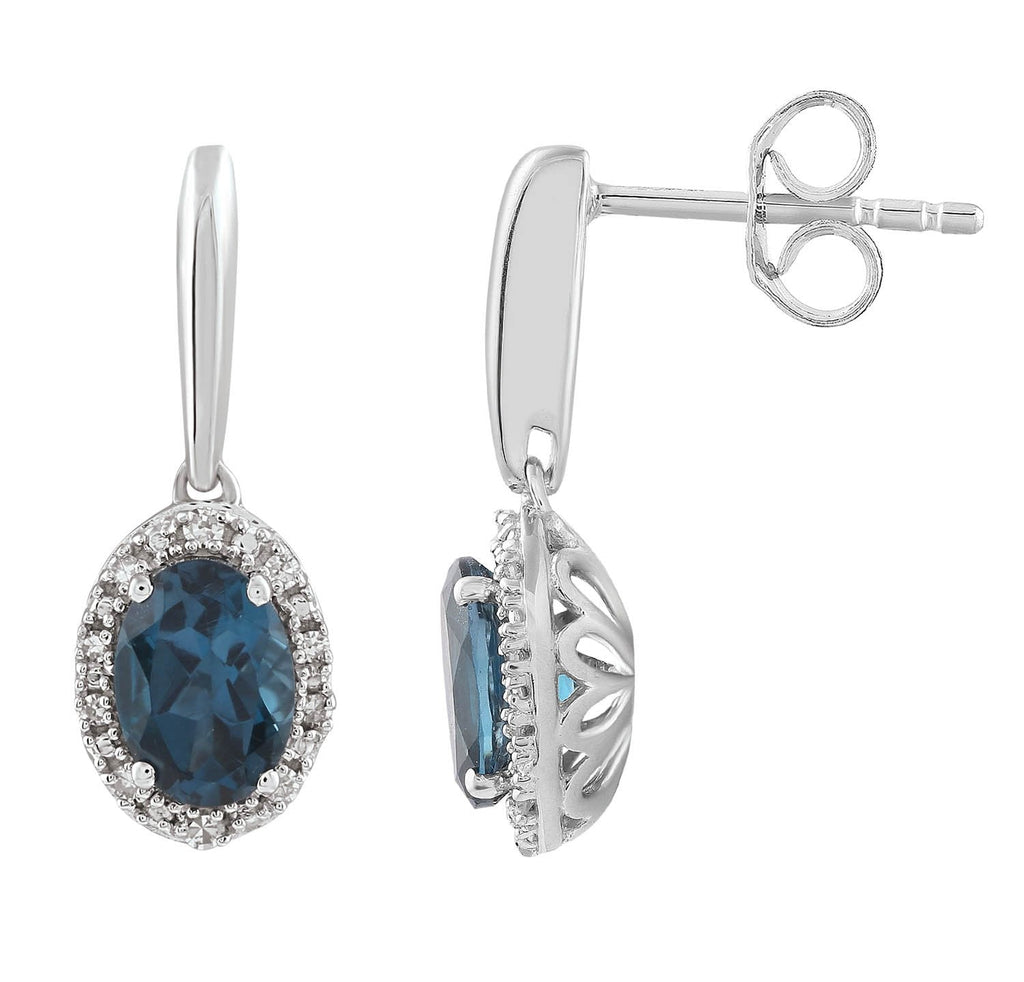 London Blue Topaz Earrings with 0.10ct Diamonds in 9K White Gold Earrings Boutique Diamond Jewellery   