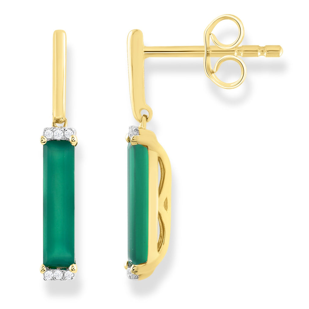 Diamond and Green Onyx Drop Earrings with 0.05ct Diamonds in 9K Yellow Gold Earrings Boutique Diamond Jewellery   