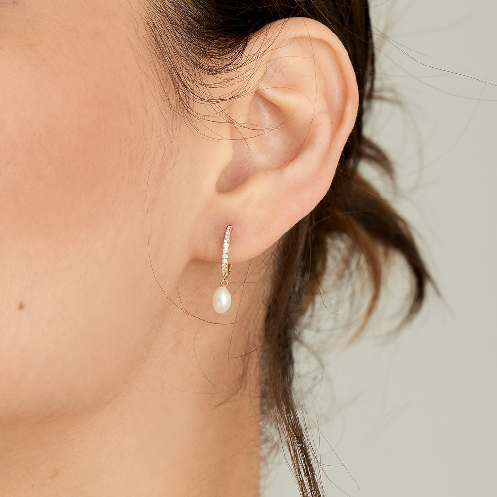 Ania Haie 14kt Gold Pearl Drop and White Sapphire Huggie Hoop Earrings Earrings Ania Haie   