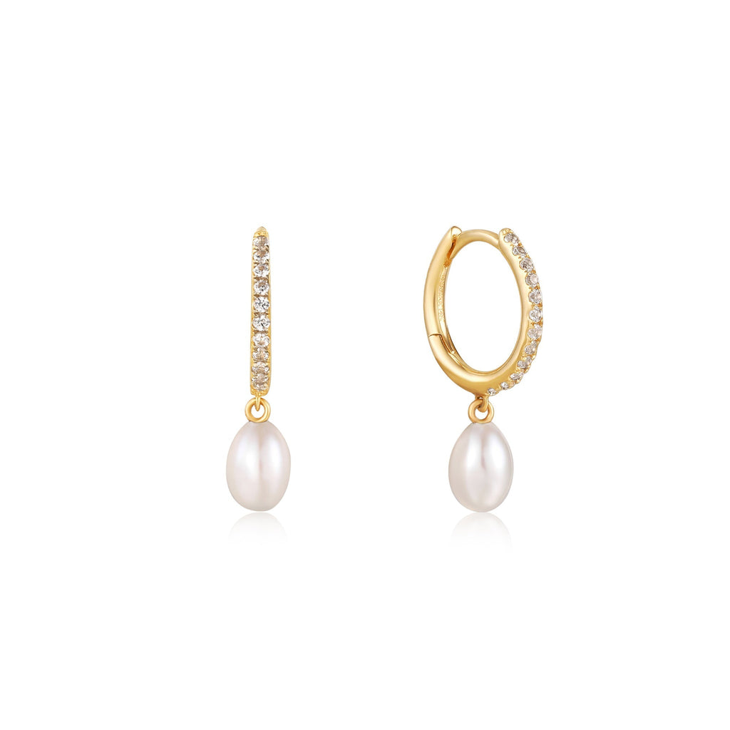 Ania Haie 14kt Gold Pearl Drop and White Sapphire Huggie Hoop Earrings Earrings Ania Haie   