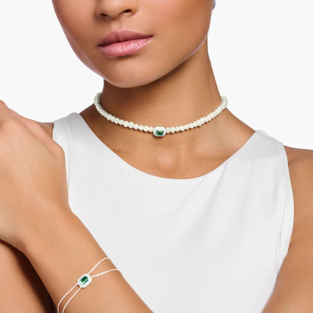 THOMAS SABO Choker Pearls With Green Stone Necklace Thomas Sabo   