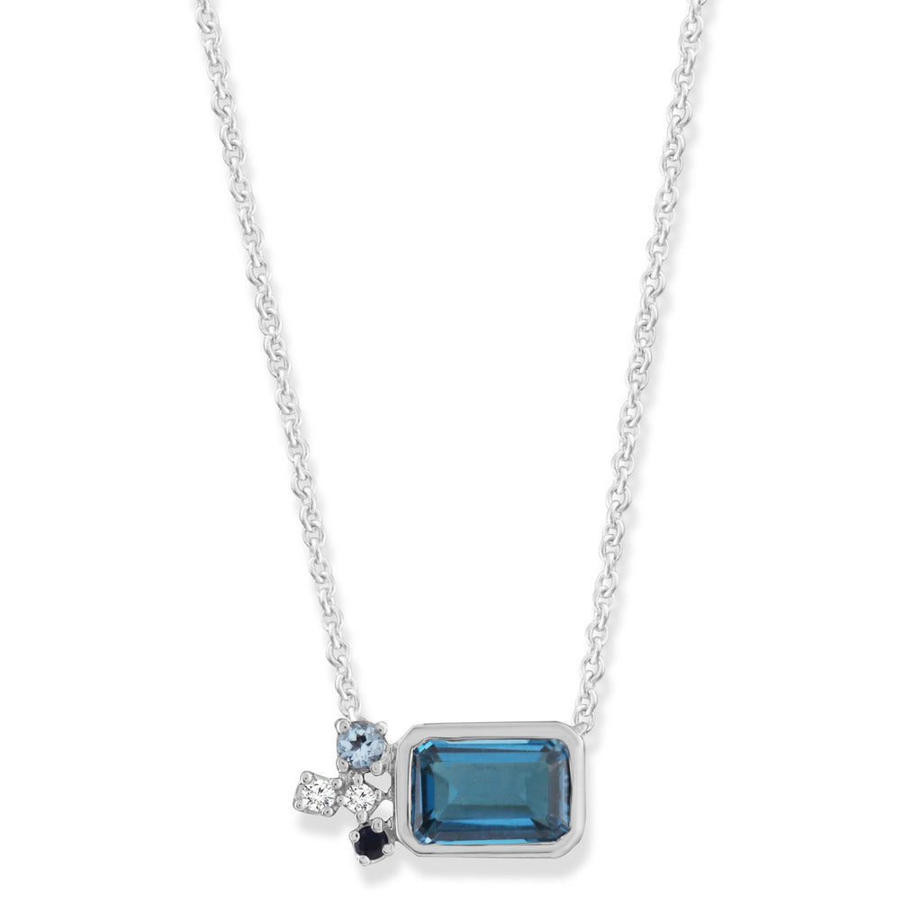Diamond and Blue Topaz Necklace with 0.02ct Diamonds in 9K White Gold Necklace Boutique Diamond Jewellery   
