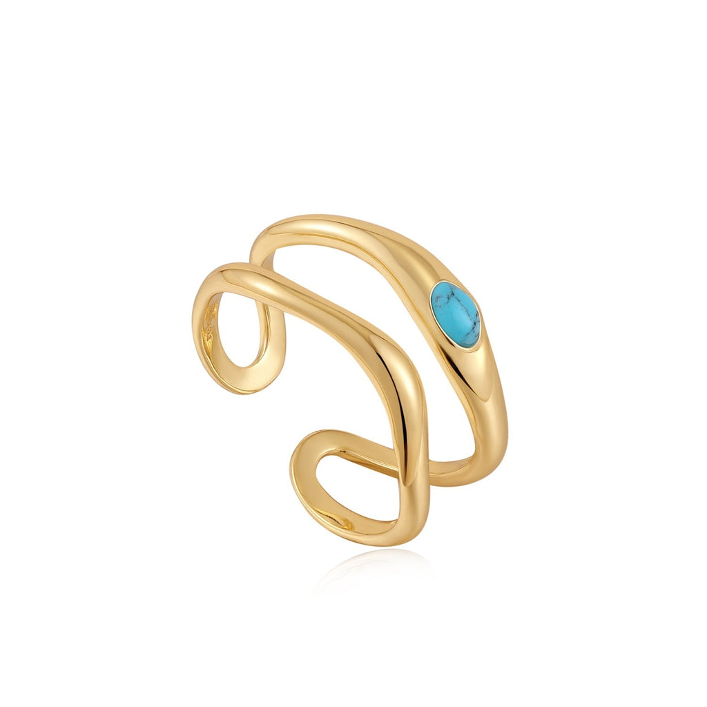 Ania Haie Gold Turquoise Wave Double Band Adjustable Ring Rings Ania Haie   