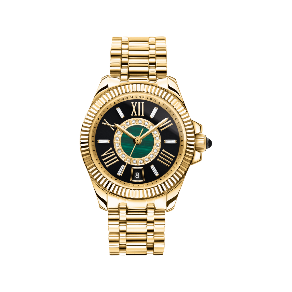 THOMAS SABO Mystic Island Watch with white stones and green malachite gold plated Watch Thomas Sabo   