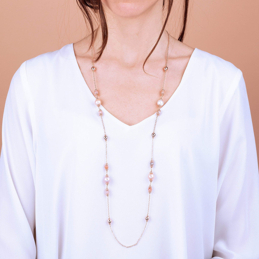 Bronzallure Peach Moonstone And Ming Pearls Necklace Necklace Bronzallure   