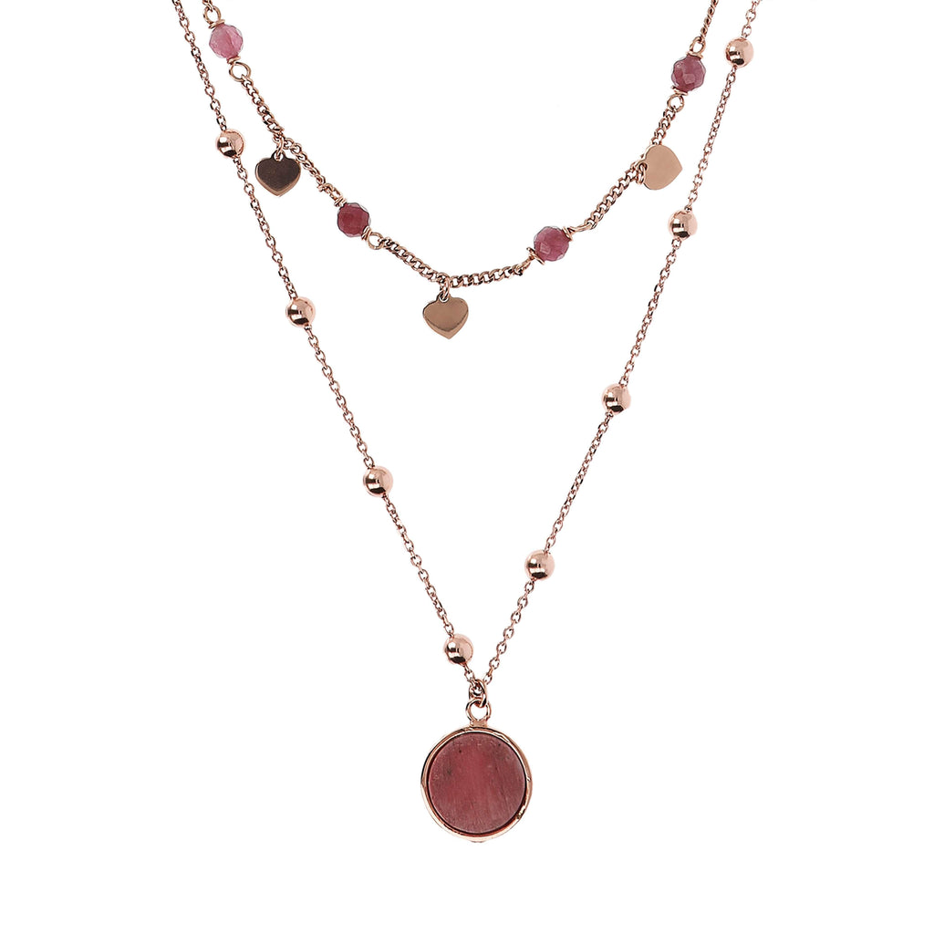 Bronzallure Two Strands Necklace with Natural Stone and Golden Rose Hearts Necklace Bronzallure Red Fossil Wood  