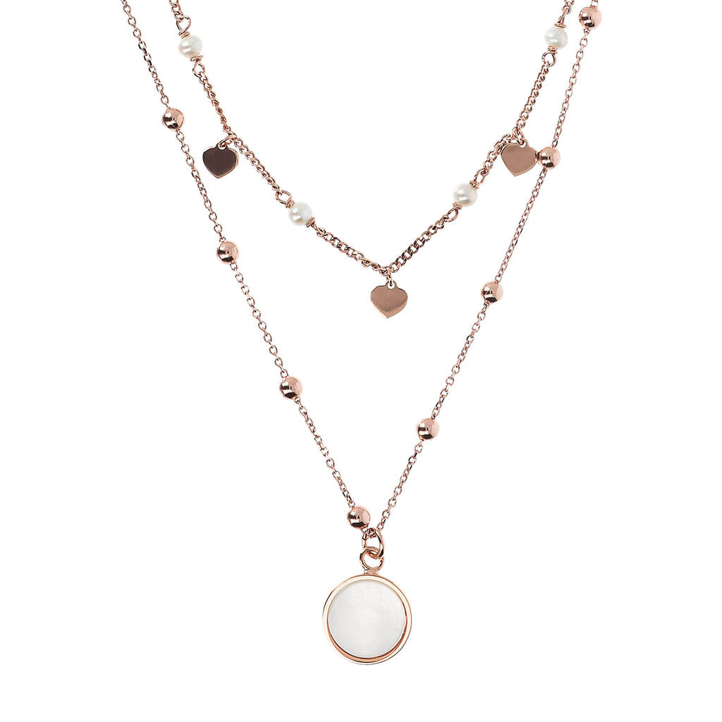 Bronzallure Two Strands Necklace with Natural Stone and Golden Rose Hearts Necklace Bronzallure White Mother of Pearl  